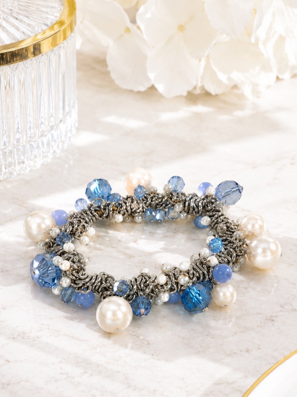 Boutique Blue Crystal & Faux Pearl Cluster Stretch Bracelet Silver Tone Chic NWT